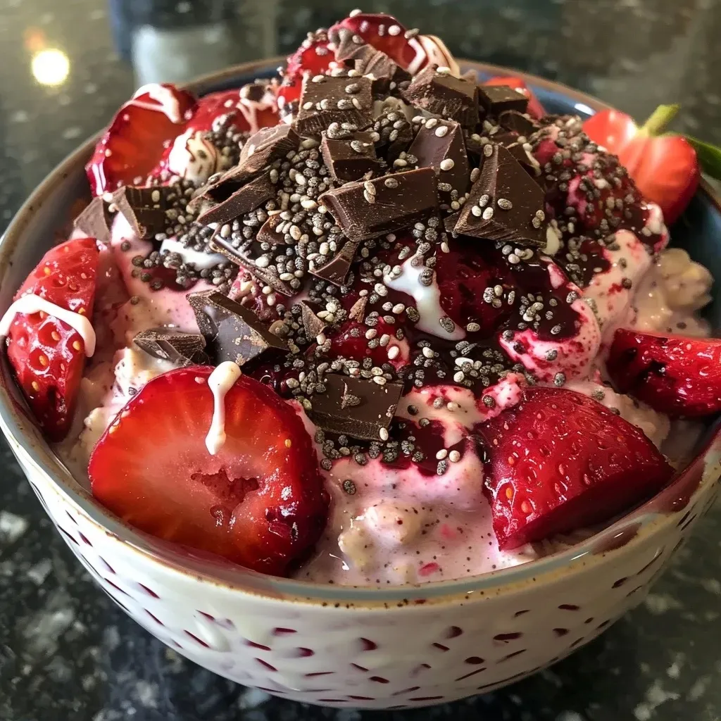 ['Close-up view of a bowl of Red Velvet Overnight Oats topped with sliced strawberries.', 'Side angle of creamy Red Velvet Overnight Oats with a vibrant red hue and fruit toppings.', 'A visually appealing serving of Red Velvet Overnight Oats garnished with strawberries and chocolate.', 'Delicious Red Velvet Overnight Oats in a bowl, showcasing rich colors and textures.']