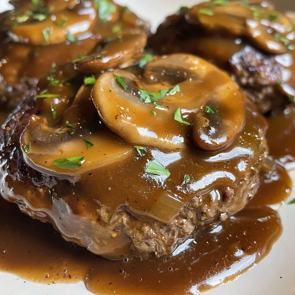 ['Juicy Salisbury steak topped with rich mushroom gravy, served on a plate.', 'Close-up view of Salisbury steak with a glossy mushroom sauce, garnished with herbs.', 'Delicious Salisbury steak in mushroom gravy, showcasing a side view of the dish.', 'Savory Salisbury steak covered in dark, velvety mushroom gravy on a white plate.']
