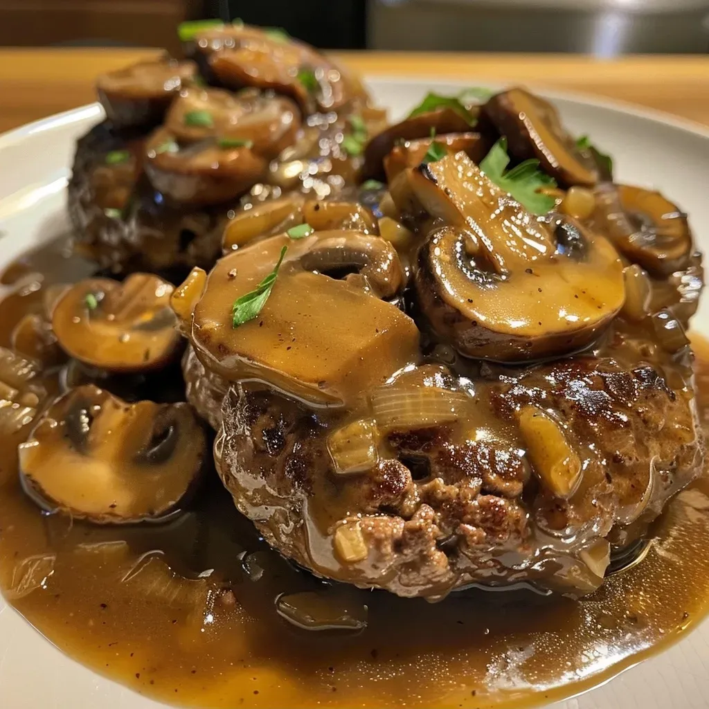 ['Juicy Salisbury steak topped with rich mushroom gravy, served on a plate.', 'Close-up view of Salisbury steak with a glossy mushroom sauce, garnished with herbs.', 'Delicious Salisbury steak in mushroom gravy, showcasing a side view of the dish.', 'Savory Salisbury steak covered in dark, velvety mushroom gravy on a white plate.']