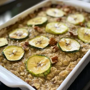 ['Close-up view of a slice of Salted Brown Butter Banana Zucchini Baked Oatmeal, showing its moist texture and ingredients.', 'Side view of a serving of Salted Brown Butter Banana Zucchini Baked Oatmeal with visible zucchini and banana pieces.', 'A slice of baked oatmeal featuring a golden-brown crust and topped with Maldon sea salt, highlighting its rich ingredients.', 'Delicious Salted Brown Butter Banana Zucchini Baked Oatmeal in a rustic setting, emphasizing its hearty texture.']