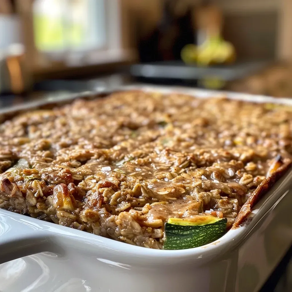 ['Close-up view of a slice of Salted Brown Butter Banana Zucchini Baked Oatmeal, showing its moist texture and ingredients.', 'Side view of a serving of Salted Brown Butter Banana Zucchini Baked Oatmeal with visible zucchini and banana pieces.', 'A slice of baked oatmeal featuring a golden-brown crust and topped with Maldon sea salt, highlighting its rich ingredients.', 'Delicious Salted Brown Butter Banana Zucchini Baked Oatmeal in a rustic setting, emphasizing its hearty texture.']