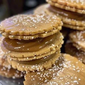 ['Close-up side view of golden Salted Caramel Sandwich Cookies with visible caramel filling.', 'Delicious Salted Caramel Sandwich Cookies stacked, showcasing their gooey caramel center.', 'A side view of crispy cookies filled with rich salted caramel, glistening with syrup.', 'Salted Caramel Sandwich Cookies placed on a wooden board, highlighting their texture and filling.']
