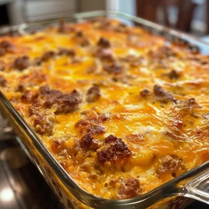 ['Close-up of a delicious sausage and egg breakfast casserole with a golden-brown top.', 'Side view of a hearty sausage and egg casserole, revealing layers of sausage and cheese.', 'A tempting breakfast casserole featuring ground sausage and egg, garnished and baked to perfection.', 'Juicy sausage and cheesy egg breakfast casserole displayed on a plate, showcasing its appetizing texture.']