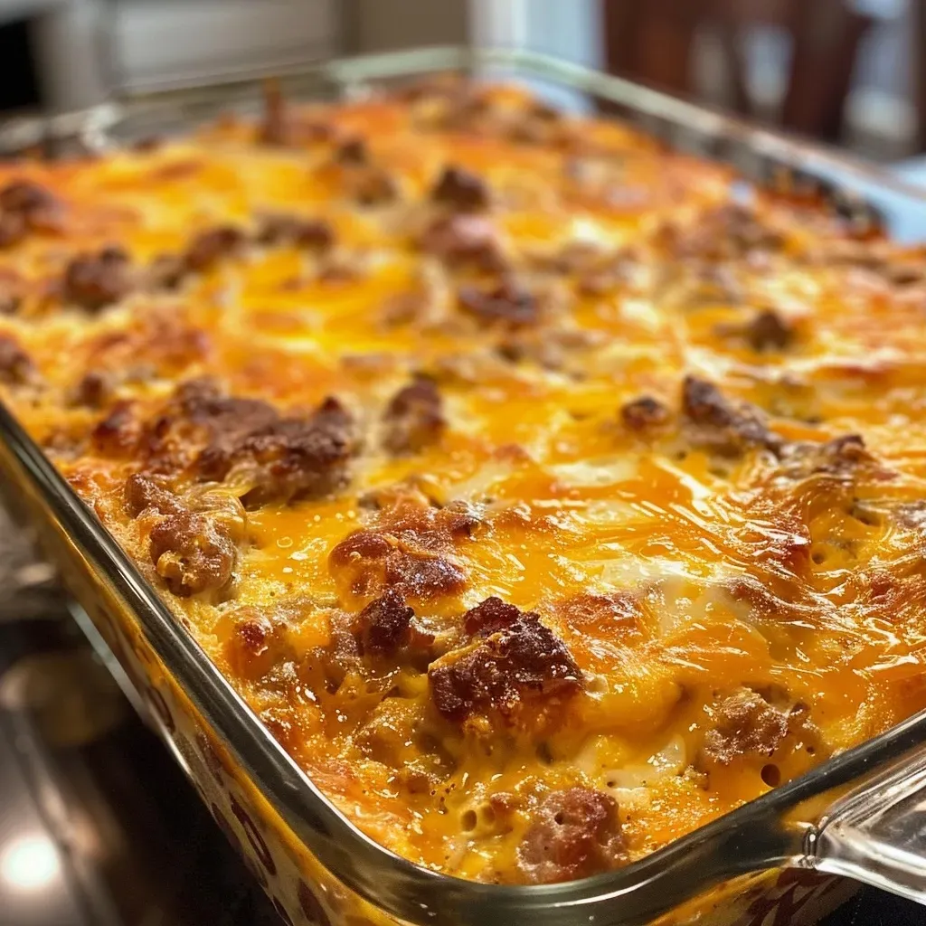['Close-up of a delicious sausage and egg breakfast casserole with a golden-brown top.', 'Side view of a hearty sausage and egg casserole, revealing layers of sausage and cheese.', 'A tempting breakfast casserole featuring ground sausage and egg, garnished and baked to perfection.', 'Juicy sausage and cheesy egg breakfast casserole displayed on a plate, showcasing its appetizing texture.']