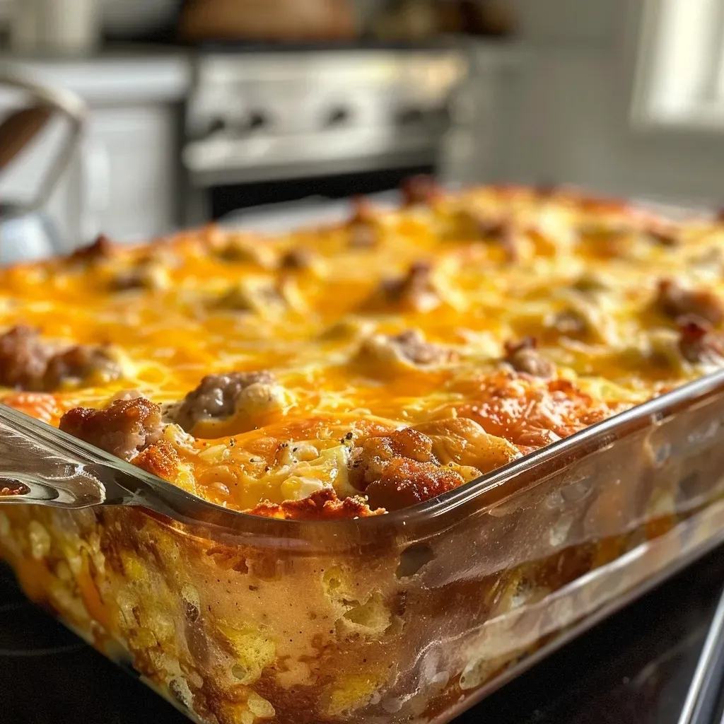 ['Close-up of a delicious sausage and egg breakfast casserole with a golden-brown top.', 'Side view of a hearty sausage and egg casserole, revealing layers of sausage and cheese.', 'A tempting breakfast casserole featuring ground sausage and egg, garnished and baked to perfection.', 'Juicy sausage and cheesy egg breakfast casserole displayed on a plate, showcasing its appetizing texture.']