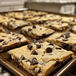 ['Close-up of delicious sheet pan chocolate chip cookies, golden brown with melted chocolate chips.', 'Side view of warm chocolate chip cookies on a baking sheet, showcasing their chewy texture and glossy finish.', 'Freshly baked sheet pan chocolate chip cookies piled together, highlighting their rich color and chocolate chips.', 'Tantalizing image of chocolate chip cookies on a sheet pan, emphasizing their ooey-gooey chocolate and crispy edges.']