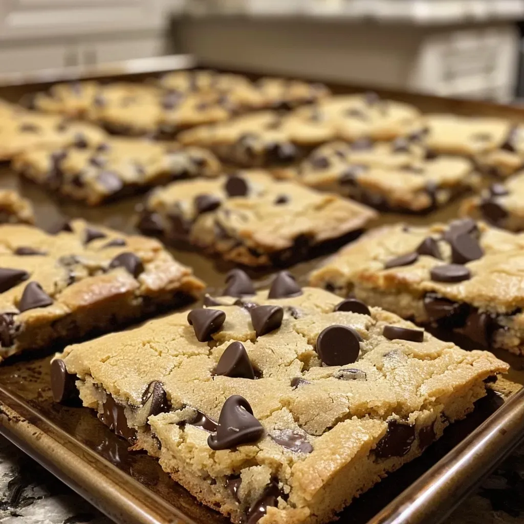 ['Close-up of delicious sheet pan chocolate chip cookies, golden brown with melted chocolate chips.', 'Side view of warm chocolate chip cookies on a baking sheet, showcasing their chewy texture and glossy finish.', 'Freshly baked sheet pan chocolate chip cookies piled together, highlighting their rich color and chocolate chips.', 'Tantalizing image of chocolate chip cookies on a sheet pan, emphasizing their ooey-gooey chocolate and crispy edges.']