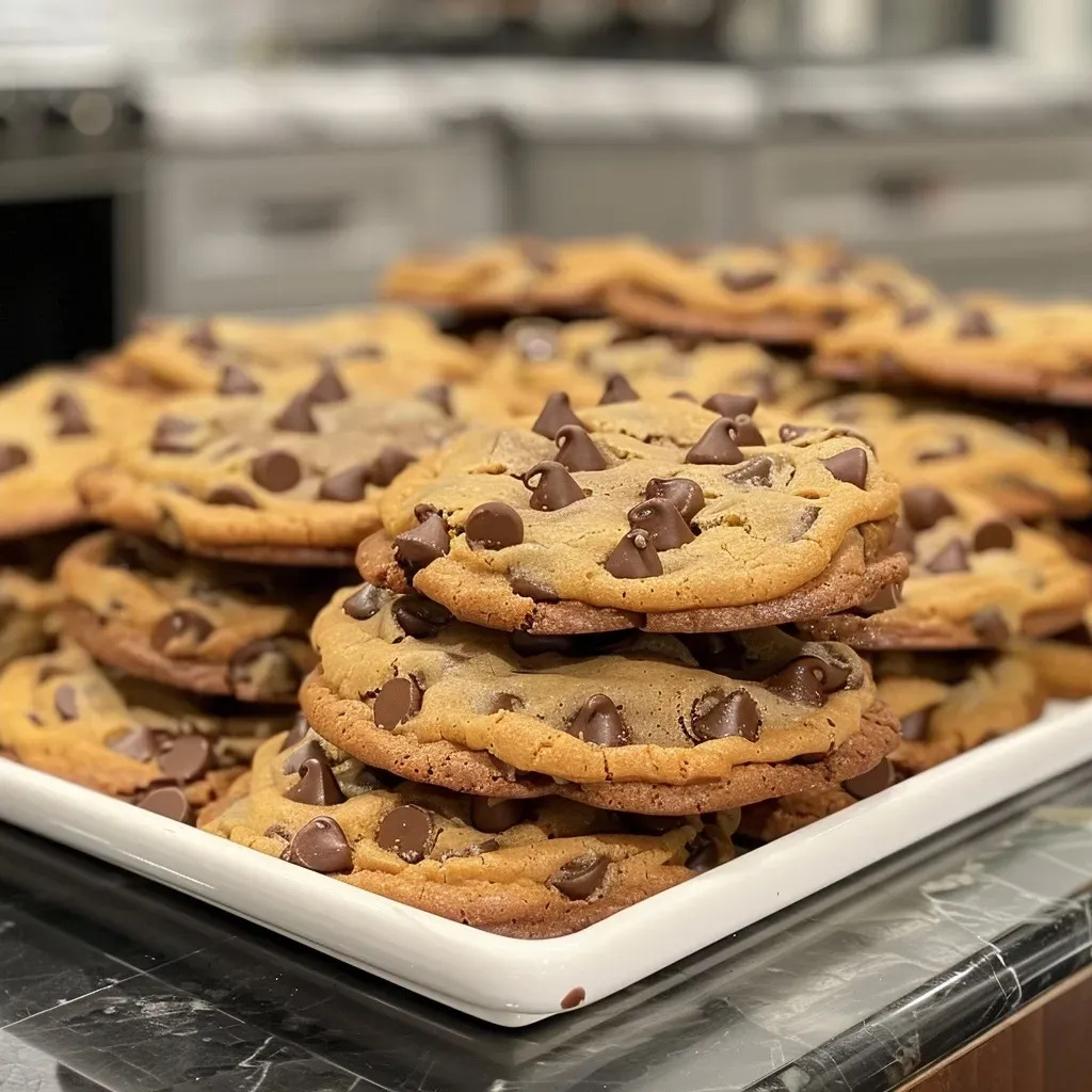 ['Close-up of delicious sheet pan chocolate chip cookies, golden brown with melted chocolate chips.', 'Side view of warm chocolate chip cookies on a baking sheet, showcasing their chewy texture and glossy finish.', 'Freshly baked sheet pan chocolate chip cookies piled together, highlighting their rich color and chocolate chips.', 'Tantalizing image of chocolate chip cookies on a sheet pan, emphasizing their ooey-gooey chocolate and crispy edges.']