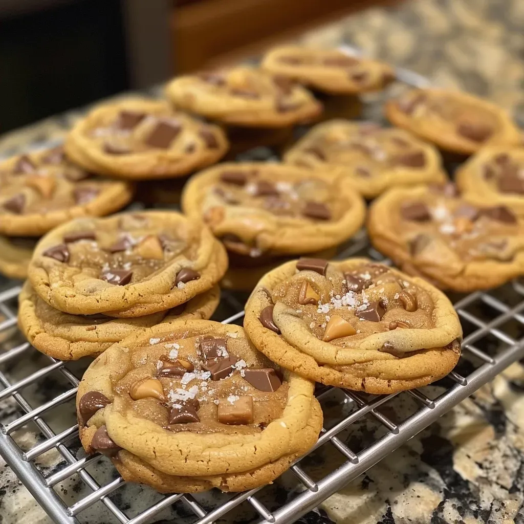['Close-up view of golden-brown sheet pan cookies topped with flakey sea salt.', 'Side perspective of freshly baked sheet pan cookies with chocolate chips.', 'Juicy and delicious sheet pan cookies with melted chocolate and a sprinkle of salt.', 'Deliciously baked cookies on a sheet pan showcasing a gooey texture and rich chocolate.']