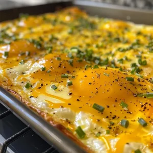 ['Close-up view of sheet pan eggs with a golden-brown top and melted cheese.', 'Side view of fluffy sheet pan eggs garnished with melted cheddar cheese.', 'Juicy sheet pan eggs displaying a colorful mix of ingredients, viewed from the side.', 'Close-up of a baked sheet pan filled with evenly cooked egg mixture and cheese.']
