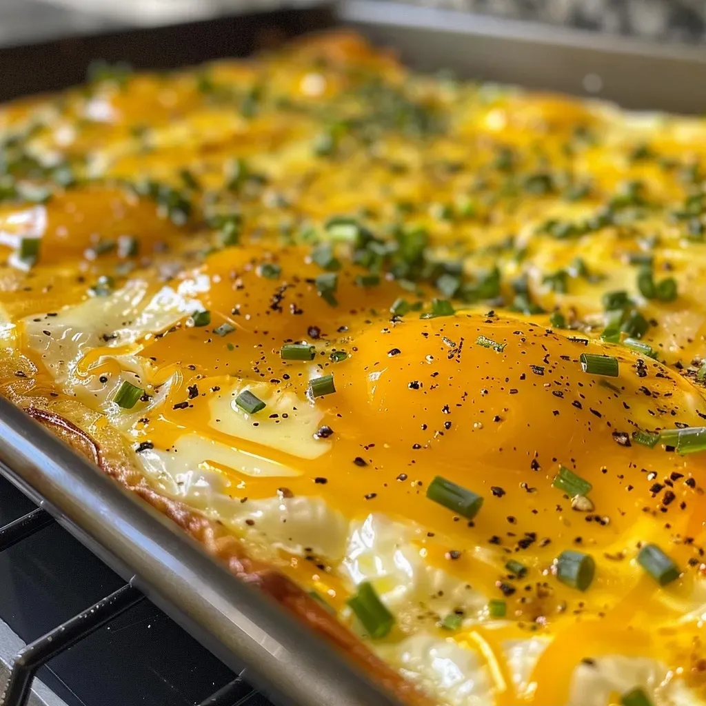 ['Close-up view of sheet pan eggs with a golden-brown top and melted cheese.', 'Side view of fluffy sheet pan eggs garnished with melted cheddar cheese.', 'Juicy sheet pan eggs displaying a colorful mix of ingredients, viewed from the side.', 'Close-up of a baked sheet pan filled with evenly cooked egg mixture and cheese.']