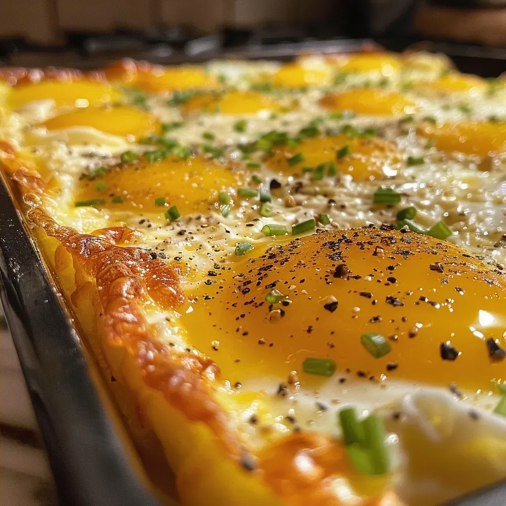 ['Close-up view of sheet pan eggs with a golden-brown top and melted cheese.', 'Side view of fluffy sheet pan eggs garnished with melted cheddar cheese.', 'Juicy sheet pan eggs displaying a colorful mix of ingredients, viewed from the side.', 'Close-up of a baked sheet pan filled with evenly cooked egg mixture and cheese.']