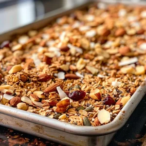 ['Close-up view of golden granola on a sheet pan, featuring oats, nuts, and coconut.', 'Side angle of freshly baked granola, showcasing a mix of oats, coconut, and walnuts.', 'Detailed shot of colorful granola with nuts and dried cranberries spread on a baking sheet.', 'Elevated view of crunchy granola with a variety of seeds and coconut on a white surface.']