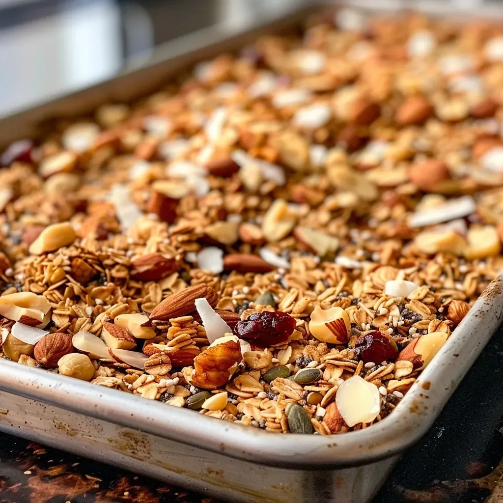 ['Close-up view of golden granola on a sheet pan, featuring oats, nuts, and coconut.', 'Side angle of freshly baked granola, showcasing a mix of oats, coconut, and walnuts.', 'Detailed shot of colorful granola with nuts and dried cranberries spread on a baking sheet.', 'Elevated view of crunchy granola with a variety of seeds and coconut on a white surface.']