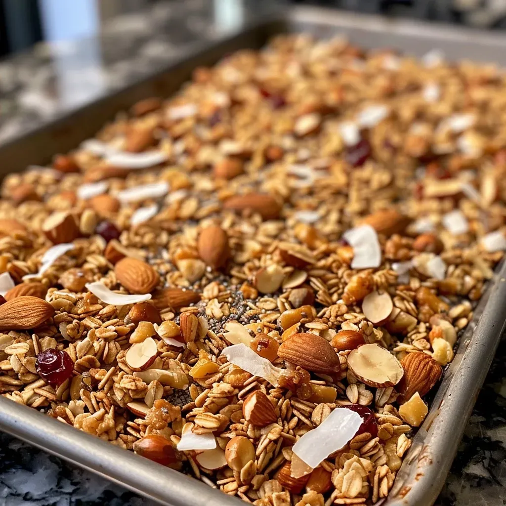 ['Close-up view of golden granola on a sheet pan, featuring oats, nuts, and coconut.', 'Side angle of freshly baked granola, showcasing a mix of oats, coconut, and walnuts.', 'Detailed shot of colorful granola with nuts and dried cranberries spread on a baking sheet.', 'Elevated view of crunchy granola with a variety of seeds and coconut on a white surface.']