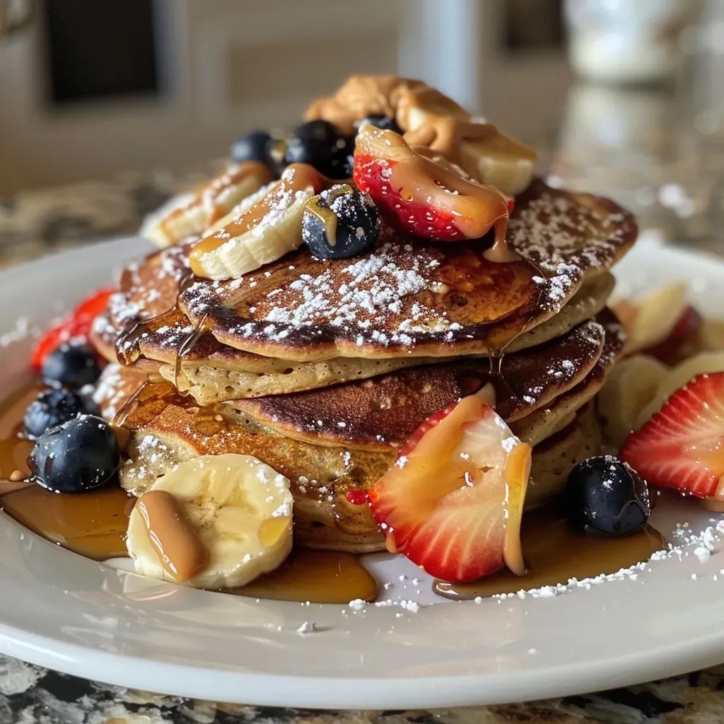 ['Close-up of Sheet Pan Protein Pancakes topped with strawberries, blueberries, and peanut butter.', 'Side view of fluffy Sheet Pan Protein Pancakes with chocolate and coconut sprinkled on top.', 'Delicious stack of Sheet Pan Protein Pancakes featuring fresh fruit and creamy peanut butter.', 'Golden-brown Sheet Pan Protein Pancakes garnished with sliced bananas and berries.']