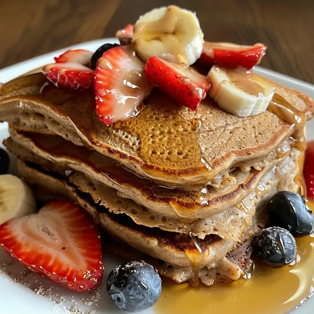['Close-up of Sheet Pan Protein Pancakes topped with strawberries, blueberries, and peanut butter.', 'Side view of fluffy Sheet Pan Protein Pancakes with chocolate and coconut sprinkled on top.', 'Delicious stack of Sheet Pan Protein Pancakes featuring fresh fruit and creamy peanut butter.', 'Golden-brown Sheet Pan Protein Pancakes garnished with sliced bananas and berries.']