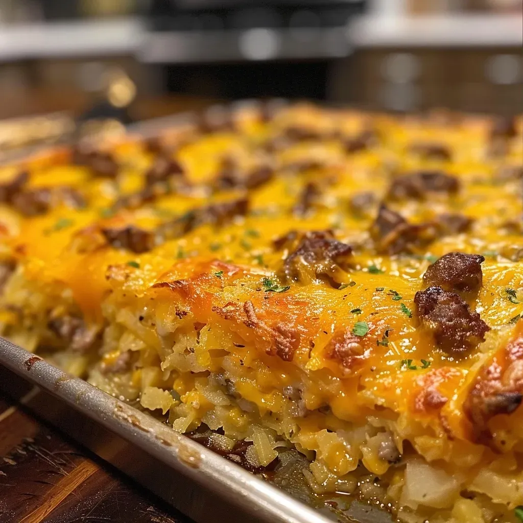 ['Close-up of a golden-brown breakfast casserole featuring sausage and cheese.', 'Side view of a deliciously layered sausage breakfast casserole on a sheet pan.', 'Juicy sausage breakfast casserole with melted cheese and crispy hash brown layers.', 'Colorful and hearty sheet pan breakfast casserole with visible hash browns and eggs.']