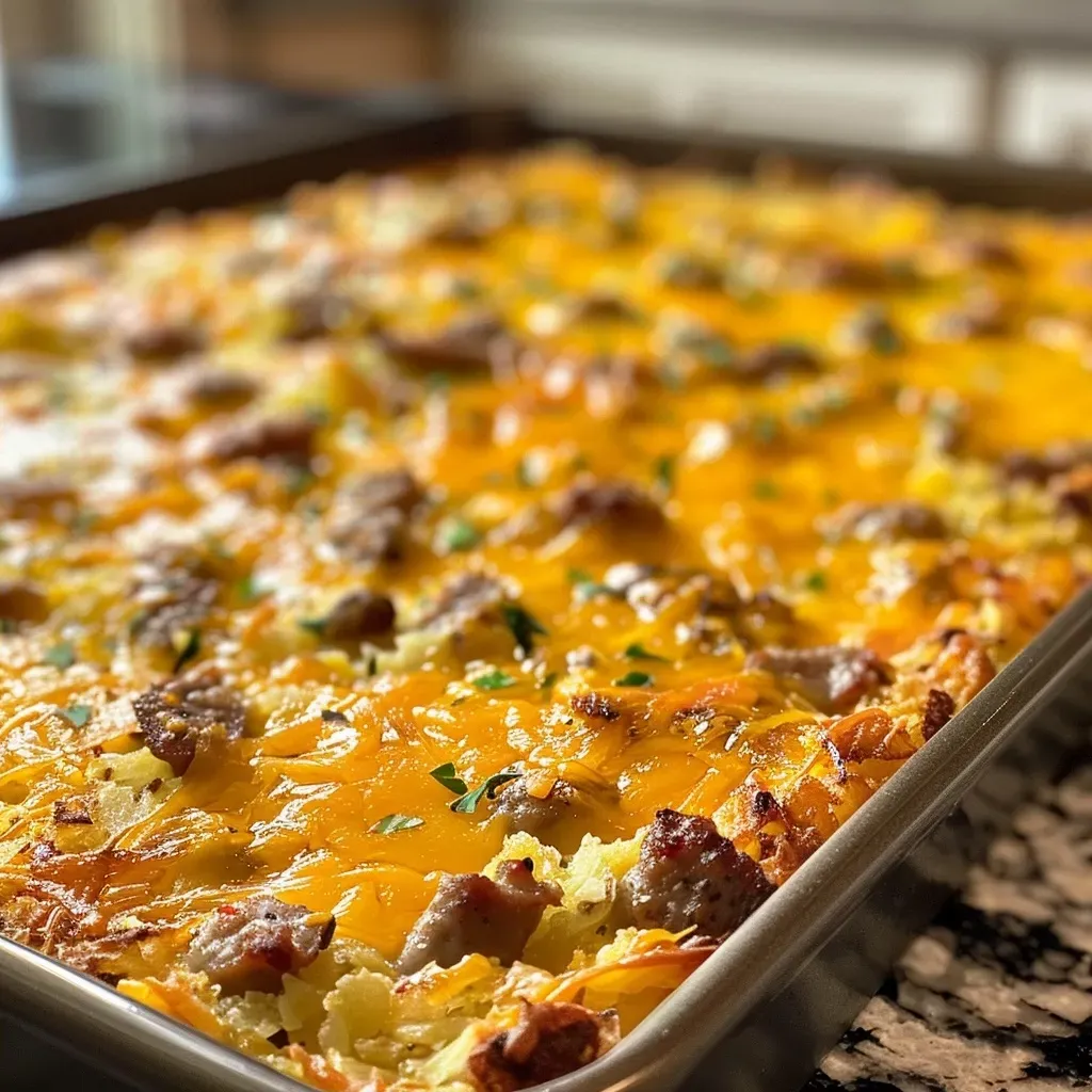 ['Close-up of a golden-brown breakfast casserole featuring sausage and cheese.', 'Side view of a deliciously layered sausage breakfast casserole on a sheet pan.', 'Juicy sausage breakfast casserole with melted cheese and crispy hash brown layers.', 'Colorful and hearty sheet pan breakfast casserole with visible hash browns and eggs.']