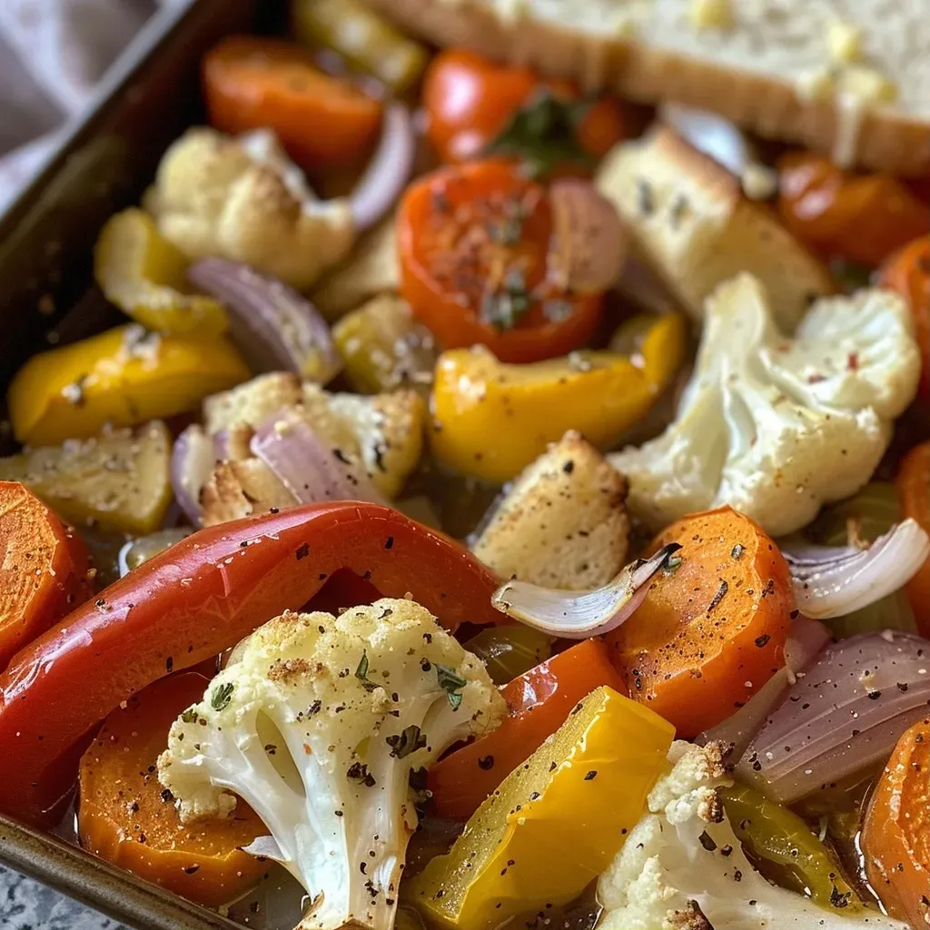 ['Close-up view of Sheet Pan Soup with vibrant vegetables and herbs.', 'Juicy Sheet Pan Soup featuring red bell peppers, carrots, and garlic.', 'Side view of a hearty Sheet Pan Soup with colorful ingredients on a baking sheet.', 'Detailed image of Sheet Pan Soup showcasing vegetables and melted cheese.']