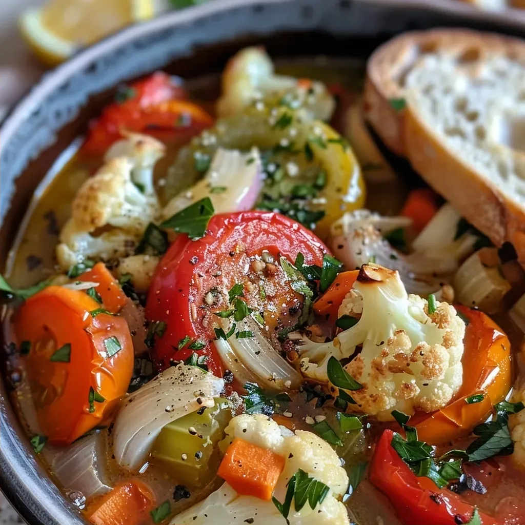 ['Close-up view of Sheet Pan Soup with vibrant vegetables and herbs.', 'Juicy Sheet Pan Soup featuring red bell peppers, carrots, and garlic.', 'Side view of a hearty Sheet Pan Soup with colorful ingredients on a baking sheet.', 'Detailed image of Sheet Pan Soup showcasing vegetables and melted cheese.']