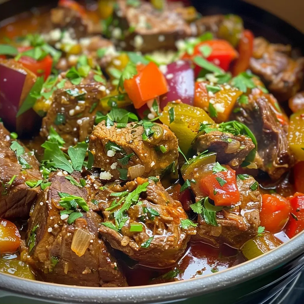 ['Close-up view of a hearty slow-cooked summer beef casserole with vibrant vegetables.', 'Juicy beef casserole featuring colorful peppers and zucchini, garnished with parsley.', 'Side view of a steaming beef casserole, showcasing tender meat and fresh ingredients.', 'Detailed shot of a flavorful summer beef casserole with melted parmesan and herbs.']