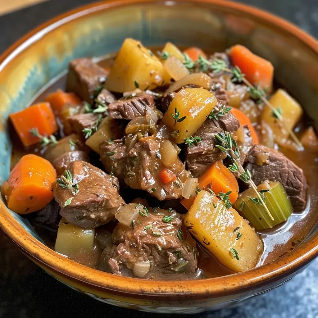 ['Close-up view of a bowl of slow cooker beef stew with tender beef, potatoes, and carrots.', 'Side view of a hearty beef stew featuring chunks of beef and vibrant vegetables in a deep bowl.', 'Juicy slow cooker beef stew displayed in a rustic ceramic bowl, highlighting its rich ingredients.', 'A colorful serving of beef stew with visible pieces of beef, potatoes, and carrots in a warm broth.']