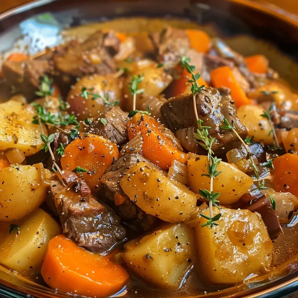 ['Close-up view of a bowl of slow cooker beef stew with tender beef, potatoes, and carrots.', 'Side view of a hearty beef stew featuring chunks of beef and vibrant vegetables in a deep bowl.', 'Juicy slow cooker beef stew displayed in a rustic ceramic bowl, highlighting its rich ingredients.', 'A colorful serving of beef stew with visible pieces of beef, potatoes, and carrots in a warm broth.']