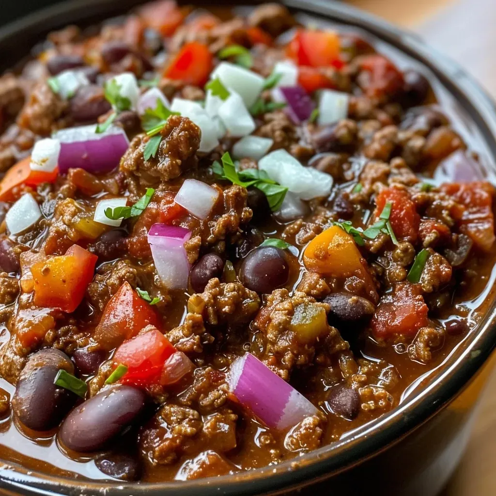 ['Close-up view of a bowl of slow cooker chili with ground beef and beans.', 'Juicy slow cooker chili showcasing a mix of beans and diced tomatoes.', 'Side view of a steaming bowl of hearty chili with a rich color and texture.', 'Delicious slow cooker chili featuring ground beef, beans, and spices in a bowl.']