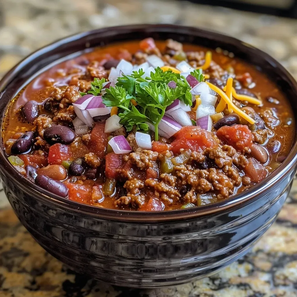 ['Close-up view of a bowl of slow cooker chili with ground beef and beans.', 'Juicy slow cooker chili showcasing a mix of beans and diced tomatoes.', 'Side view of a steaming bowl of hearty chili with a rich color and texture.', 'Delicious slow cooker chili featuring ground beef, beans, and spices in a bowl.']
