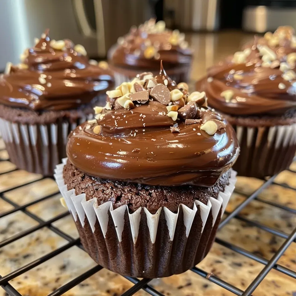 ['Close-up side view of moist hazelnut cupcakes with chocolate chips.', 'Tasty hazelnut cupcakes displayed on a rustic table, showcasing their texture.', 'Delicious slow cooker hazelnut cupcakes with a glossy chocolate topping.', 'Soft hazelnut cupcakes showing a blend of rich chocolate chips and coffee flavor.']