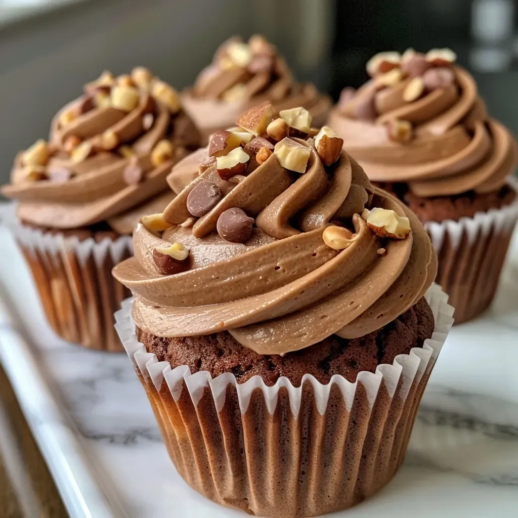 ['Close-up side view of moist hazelnut cupcakes with chocolate chips.', 'Tasty hazelnut cupcakes displayed on a rustic table, showcasing their texture.', 'Delicious slow cooker hazelnut cupcakes with a glossy chocolate topping.', 'Soft hazelnut cupcakes showing a blend of rich chocolate chips and coffee flavor.']