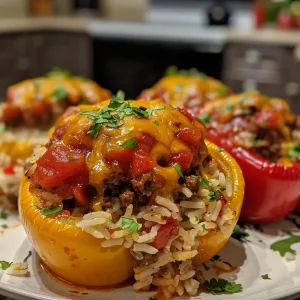 ['Close-up view of three colorful stuffed bell peppers filled with ground beef, rice, and cheese.', 'Side angle of juicy, slow-cooked stuffed peppers with melted cheese on top.', 'A vibrant mixture of red and yellow bell peppers, steaming with a savory filling.', 'Succulent stuffed peppers showcasing layers of ground meat, rice, and shredded cheese.']