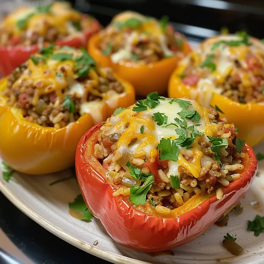 ['Close-up view of three colorful stuffed bell peppers filled with ground beef, rice, and cheese.', 'Side angle of juicy, slow-cooked stuffed peppers with melted cheese on top.', 'A vibrant mixture of red and yellow bell peppers, steaming with a savory filling.', 'Succulent stuffed peppers showcasing layers of ground meat, rice, and shredded cheese.']
