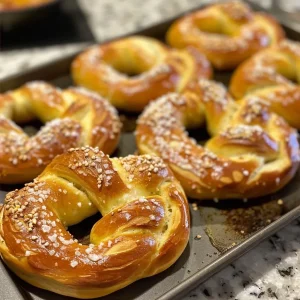 ['Close-up of soft, doughy protein pretzels with a golden-brown crust.', 'Side view of freshly baked protein pretzels, highlighting their fluffy texture.', 'Juicy, delicious protein pretzels sprinkled with coarse salt, ready to be served.', 'A collection of soft protein pretzels on a wooden board, with dips nearby.']