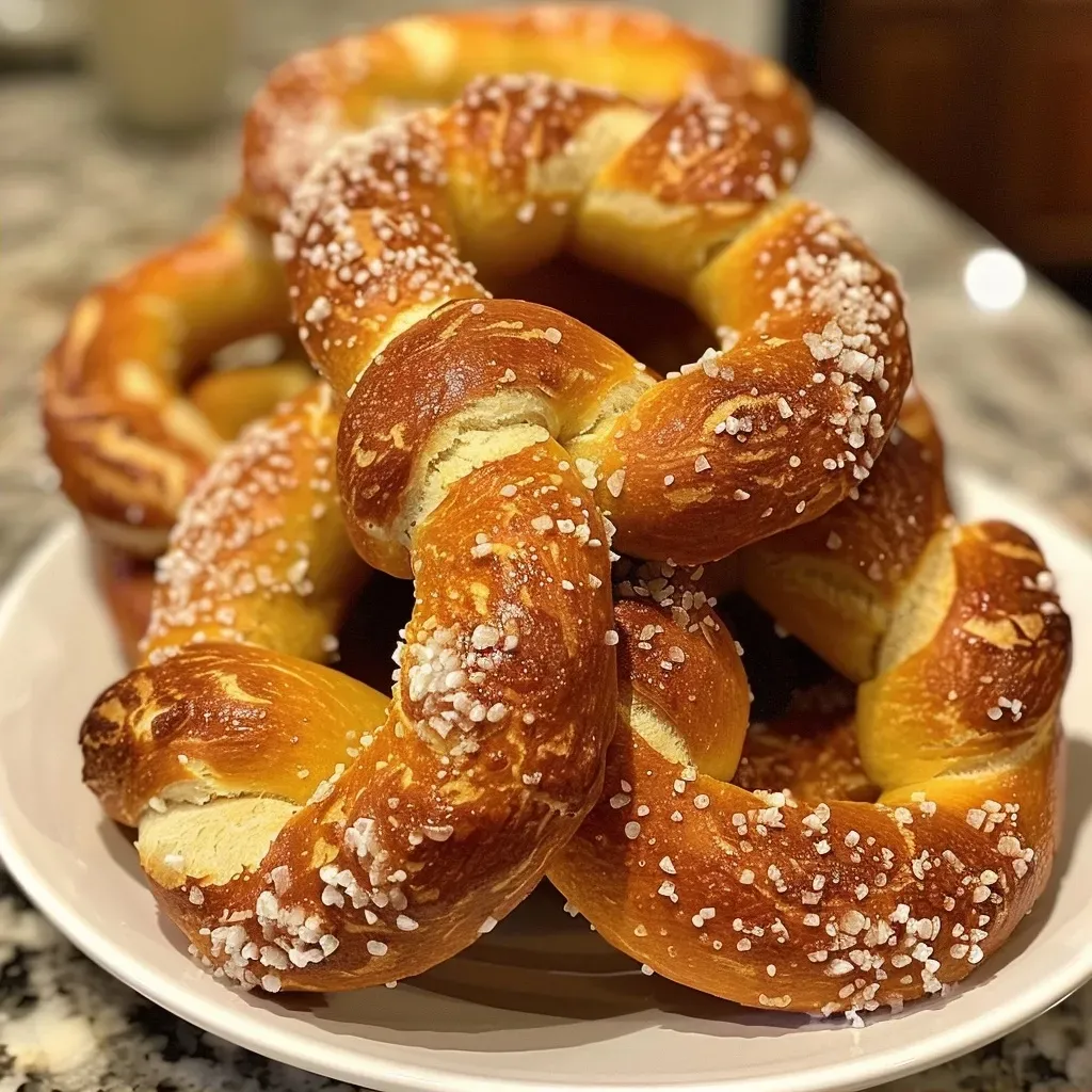 ['Close-up of soft, doughy protein pretzels with a golden-brown crust.', 'Side view of freshly baked protein pretzels, highlighting their fluffy texture.', 'Juicy, delicious protein pretzels sprinkled with coarse salt, ready to be served.', 'A collection of soft protein pretzels on a wooden board, with dips nearby.']