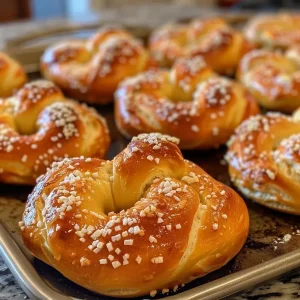 ['Close-up view of a golden-brown soft pretzel, emphasizing its glossy surface and twisted shape.', 'Side view of a freshly baked soft pretzel, showcasing its rich color and inviting texture.', 'Detailed shot of a soft pretzel, highlighting its unique knot shape and coarse salt topping.', 'Zoomed-in image of a warm soft pretzel, illustrating its fluffy interior and crispy exterior.']