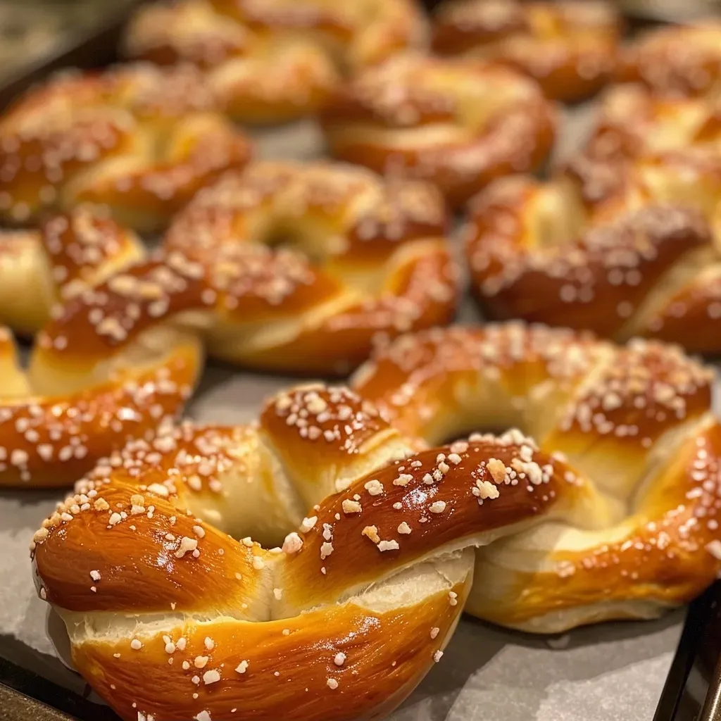 ['Close-up view of a golden-brown soft pretzel, emphasizing its glossy surface and twisted shape.', 'Side view of a freshly baked soft pretzel, showcasing its rich color and inviting texture.', 'Detailed shot of a soft pretzel, highlighting its unique knot shape and coarse salt topping.', 'Zoomed-in image of a warm soft pretzel, illustrating its fluffy interior and crispy exterior.']