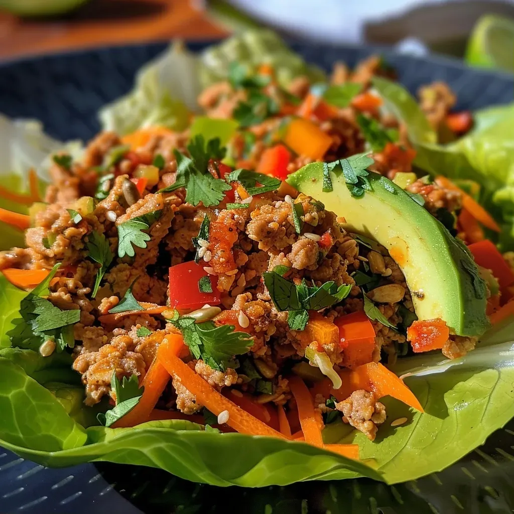 ['Close-up view of a spicy turkey and avocado lettuce wrap with vibrant vegetables.', 'Side view of a fresh lettuce wrap filled with ground turkey, avocado, and colorful veggies.', 'Juicy spicy turkey and avocado lettuce wrap displayed on a plate, showcasing its ingredients.', 'Detailed shot of lettuce wraps filled with spicy turkey, avocado slices, and shredded carrots.']