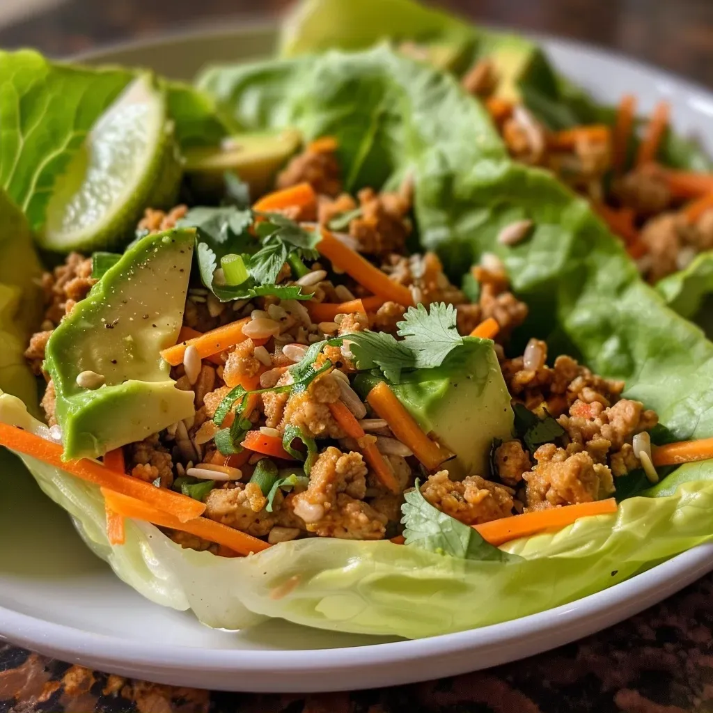 ['Close-up view of a spicy turkey and avocado lettuce wrap with vibrant vegetables.', 'Side view of a fresh lettuce wrap filled with ground turkey, avocado, and colorful veggies.', 'Juicy spicy turkey and avocado lettuce wrap displayed on a plate, showcasing its ingredients.', 'Detailed shot of lettuce wraps filled with spicy turkey, avocado slices, and shredded carrots.']