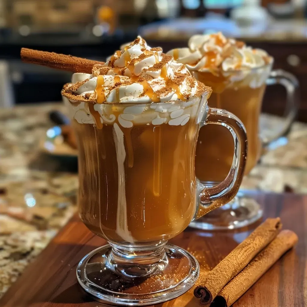['Close-up of steaming spiked hot apple cider in a glass, garnished with whipped cream and cinnamon sticks.', 'Side view of a glass filled with spiked hot apple cider, topped with caramel sauce and whipped cream.', 'Warm spiked hot apple cider served in a clear glass, featuring cinnamon sticks and a dollop of whipped cream.', 'A cozy glass of spiked hot apple cider, showcasing a rich caramel drizzle and hint of cinnamon.']