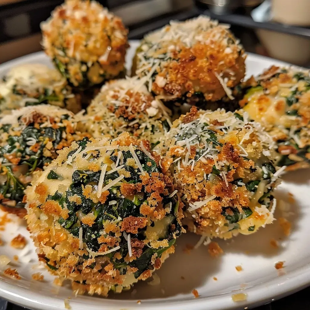 ['Close-up image of freshly baked Spinach Balls on a wooden surface.', 'Juicy Spinach Balls displayed on a plate, highlighting their vibrant green color.', 'Side view photo of golden-brown Spinach Balls, garnished with herbs.', 'Delicious Spinach Balls sitting on a rustic table, showcasing their appetizing texture.']
