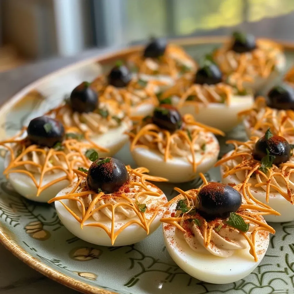 ['Close-up view of deviled eggs decorated with spider web design.', 'Side view of spooky Halloween deviled eggs featuring olive and blueberry toppings.', 'Juicy deviled eggs arranged on a plate with spooky spider web details.', 'Halloween-themed deviled eggs with dark decorations resembling spider webs.']