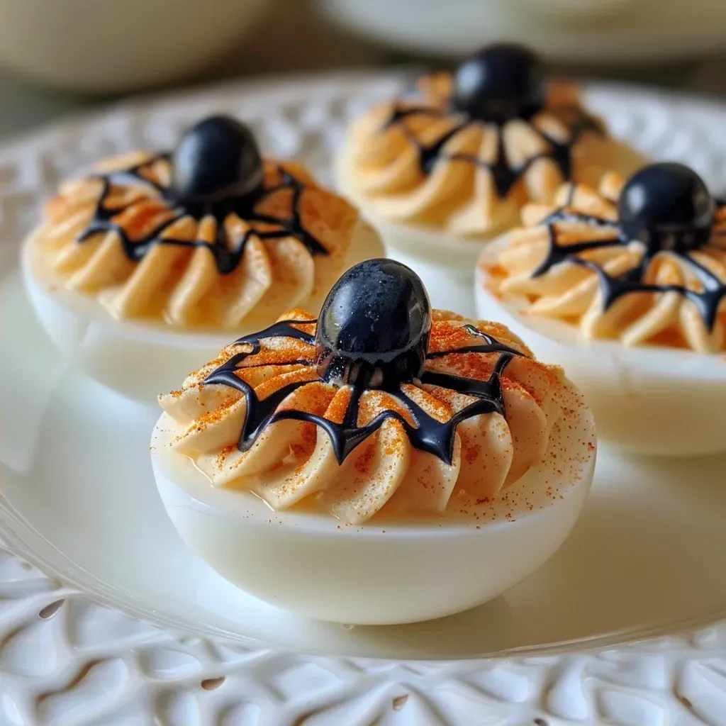 ['Close-up view of deviled eggs decorated with spider web design.', 'Side view of spooky Halloween deviled eggs featuring olive and blueberry toppings.', 'Juicy deviled eggs arranged on a plate with spooky spider web details.', 'Halloween-themed deviled eggs with dark decorations resembling spider webs.']