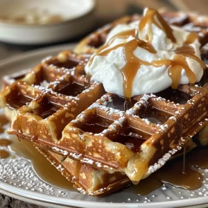 ['Close-up of golden brown Sticky Toffee Date Waffles drizzled with toffee sauce.', 'Side view of delicious Sticky Toffee Date Waffles topped with flowing toffee sauce.', 'Juicy Sticky Toffee Date Waffles stacked with a glossy caramel drizzle.', 'Deliciously fluffy Sticky Toffee Date Waffles served with optional whipped cream.']