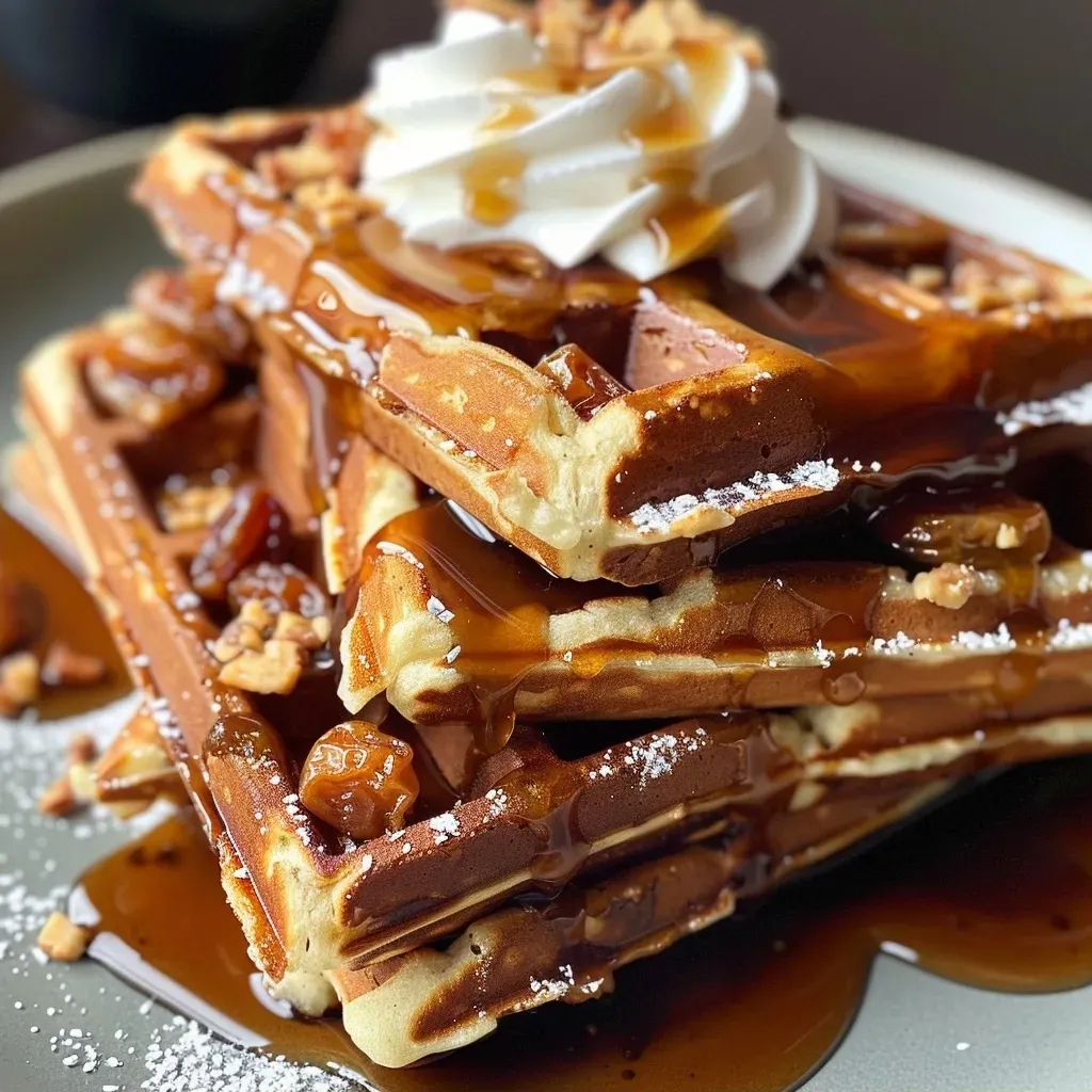 ['Close-up of golden brown Sticky Toffee Date Waffles drizzled with toffee sauce.', 'Side view of delicious Sticky Toffee Date Waffles topped with flowing toffee sauce.', 'Juicy Sticky Toffee Date Waffles stacked with a glossy caramel drizzle.', 'Deliciously fluffy Sticky Toffee Date Waffles served with optional whipped cream.']