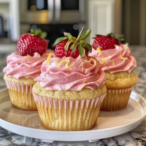 ['Close-up view of strawberry lemonade cupcakes with vibrant pink frosting and lemon zest.', 'Side angle of delicious strawberry lemonade cupcakes topped with creamy frosting and strawberries.', 'Juicy strawberry lemonade cupcakes displayed with soft pink frosting and fresh lemon slices.', 'Gorgeous strawberry lemonade cupcakes featuring a swirl of frosting and garnished with strawberries.']