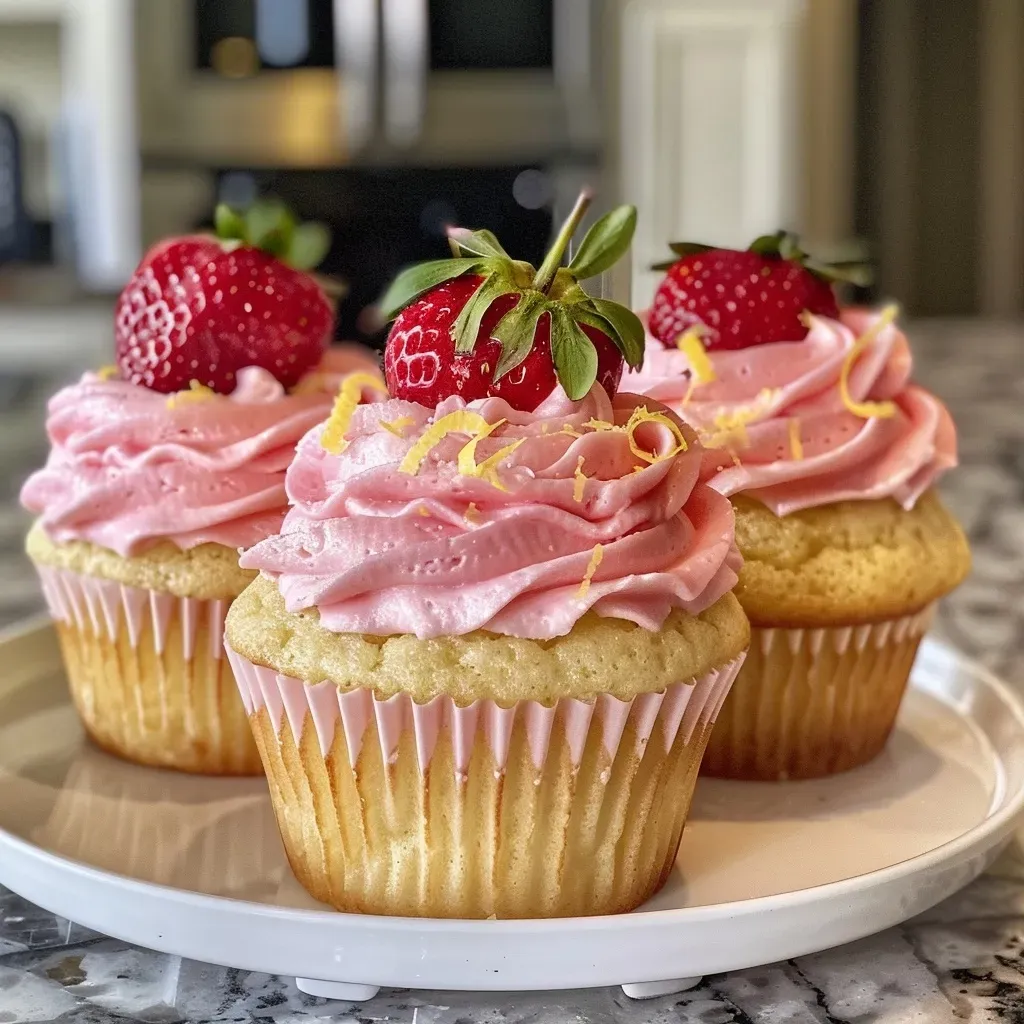 ['Close-up view of strawberry lemonade cupcakes with vibrant pink frosting and lemon zest.', 'Side angle of delicious strawberry lemonade cupcakes topped with creamy frosting and strawberries.', 'Juicy strawberry lemonade cupcakes displayed with soft pink frosting and fresh lemon slices.', 'Gorgeous strawberry lemonade cupcakes featuring a swirl of frosting and garnished with strawberries.']