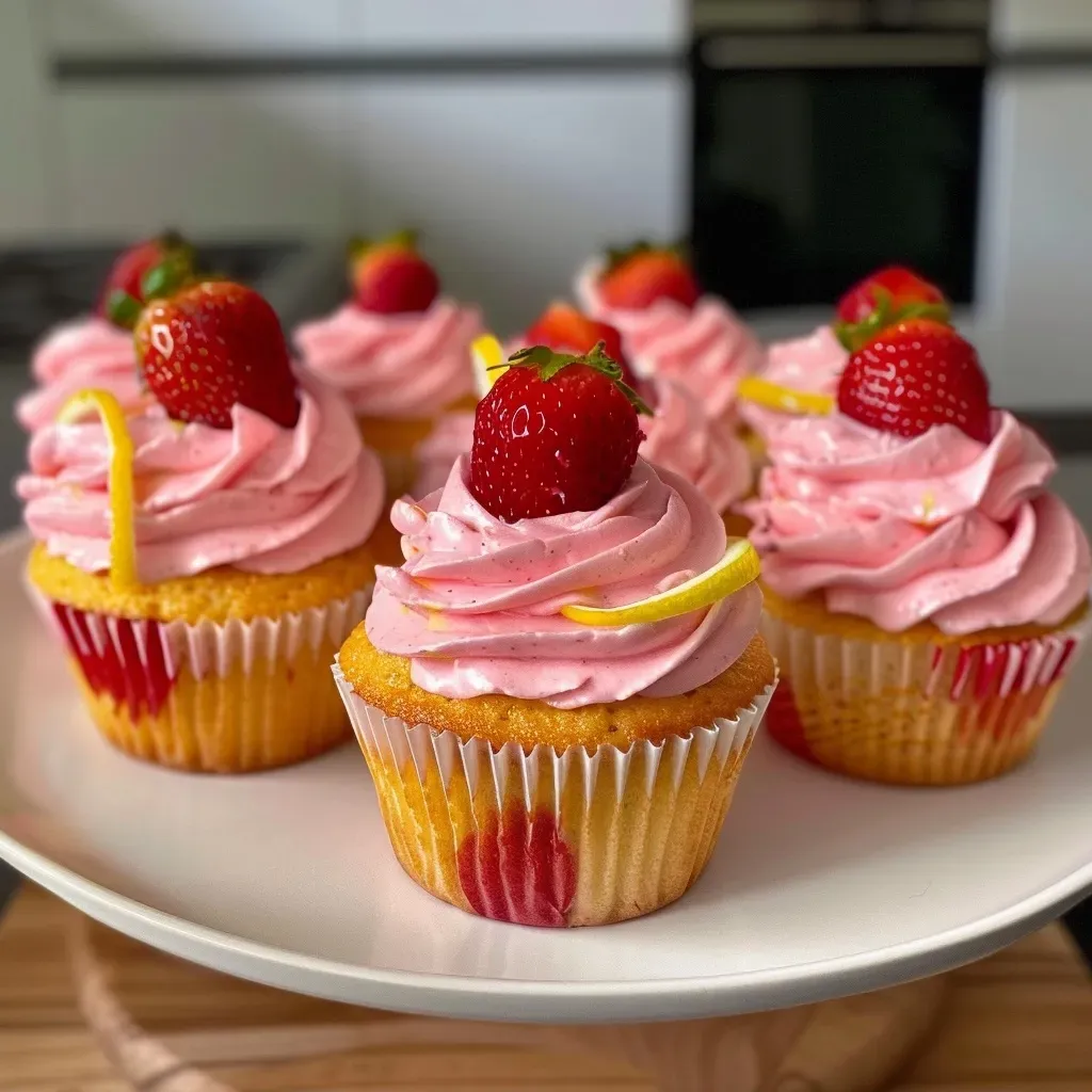 ['Close-up view of strawberry lemonade cupcakes with vibrant pink frosting and lemon zest.', 'Side angle of delicious strawberry lemonade cupcakes topped with creamy frosting and strawberries.', 'Juicy strawberry lemonade cupcakes displayed with soft pink frosting and fresh lemon slices.', 'Gorgeous strawberry lemonade cupcakes featuring a swirl of frosting and garnished with strawberries.']