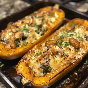 ['Close-up view of a juicy stuffed butternut squash with visible layers of mushrooms and spinach.', 'Side view of a baked butternut squash filled with creamy cheese and fresh herbs.', 'Richly colored butternut squash stuffed with spinach, mushrooms, and topped with melted cheese.', 'Juicy butternut squash showcasing a delicious filling of parmesan and fresh thyme.']